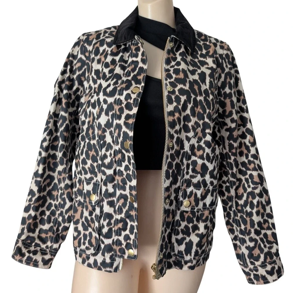 J Crew Leopard Print Barn Coat Jacket Women XS Corduroy Collar Utility Chore